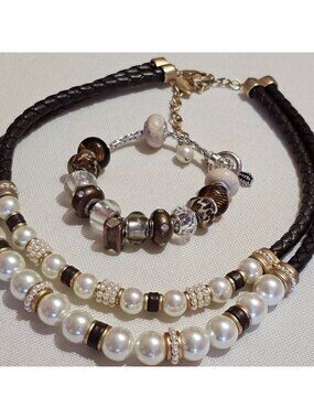 (641) Chicos Necklace Bracelet Set Faux Pearl Brown Leather Beaded Collar Elegan